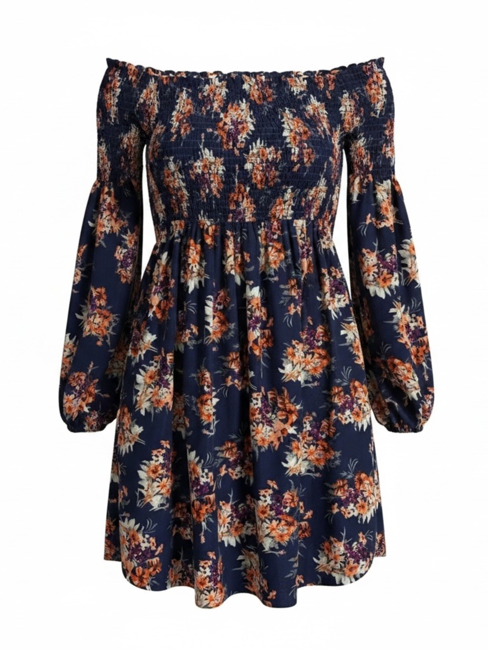 ☀️ Altar’d State • Navy Floral Off-Shoulder Smocked Mini Dress • Women’s Medium